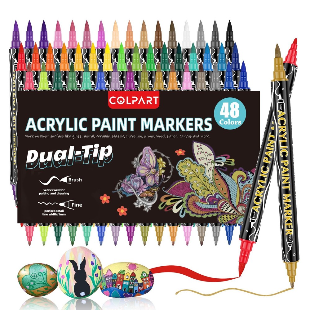 Dual Tip Acrylic Paint Markers,48 Colors Dual Tip Acrylic Paint Pens Paint Ma...