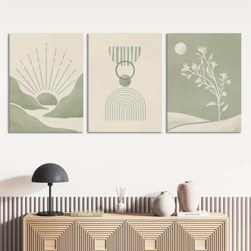 3pcs Sage Green Mid Century Modern Art Wall Art Canvas Unframed