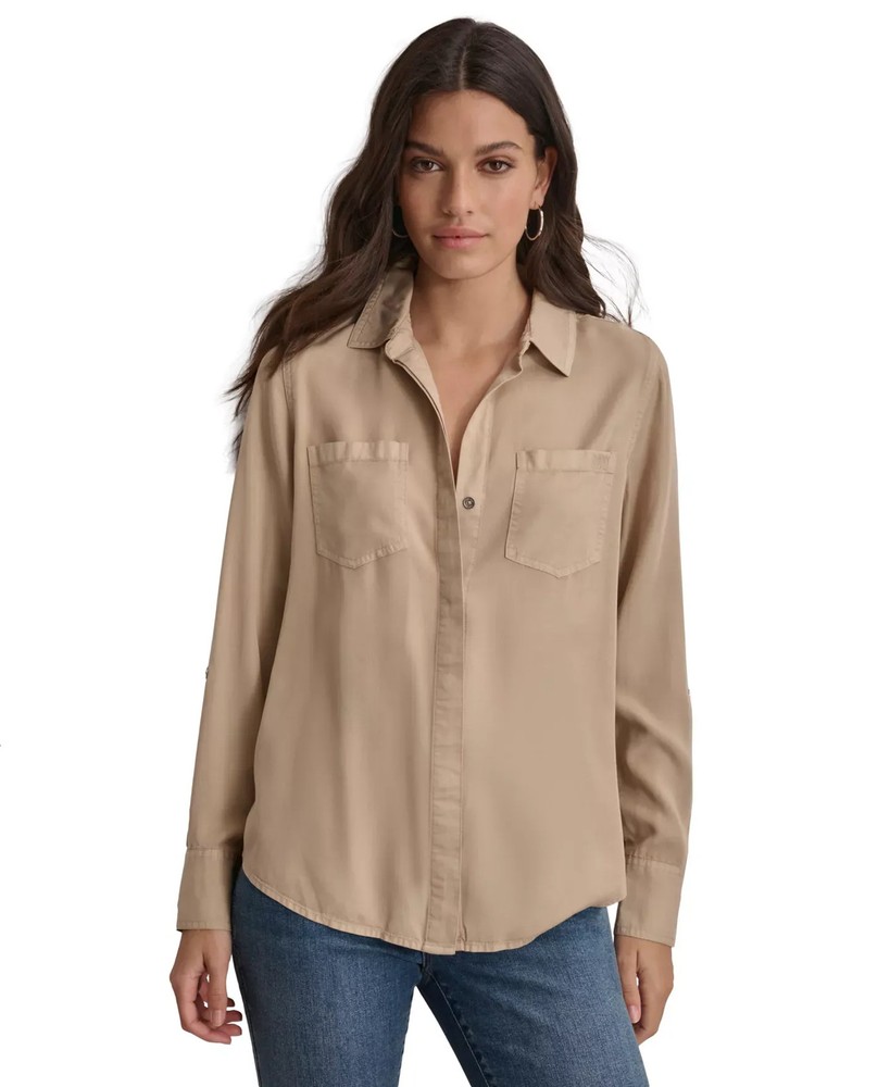 DKNY Jeans Women's Top Sz S Roll-Tab-Sleeve Button-Front Shirt