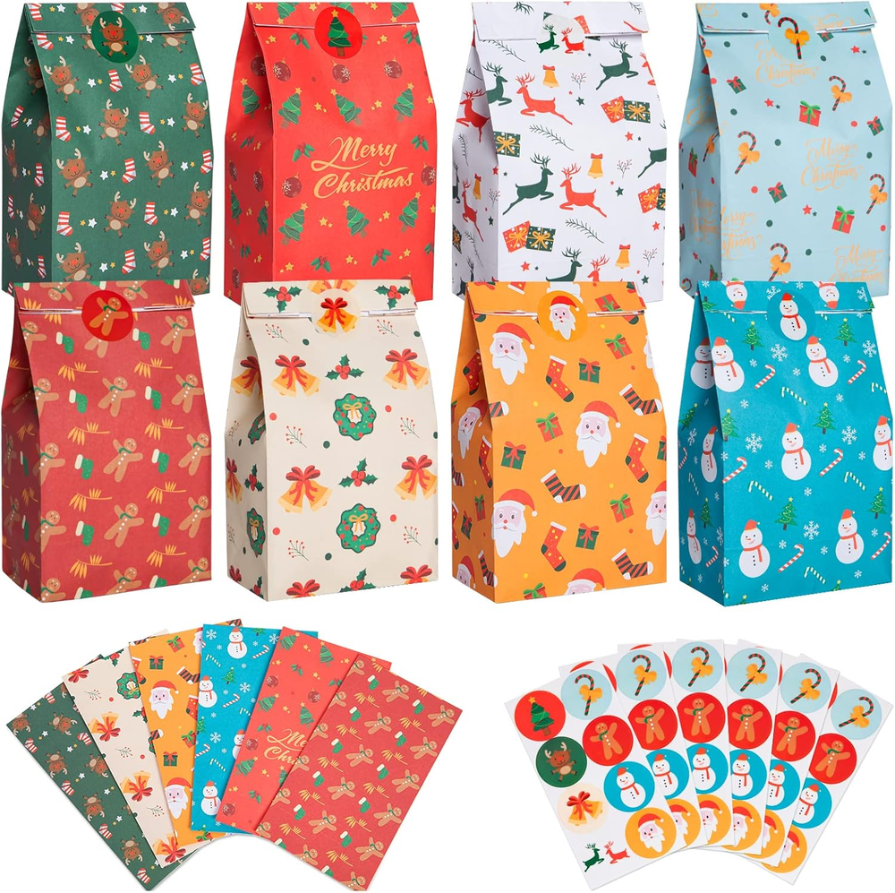 Christmas Goodie Bags, 48 PCS Christmas Paper Treat Bags with Stickers, Party Gi