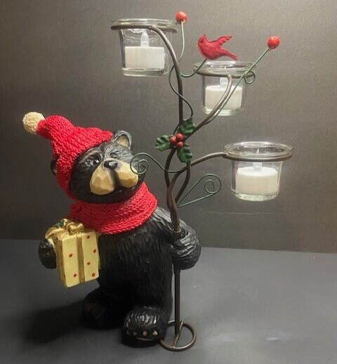 Adorable Black Bear Looking at Red Cardinal Christmas candle Holder w/candles