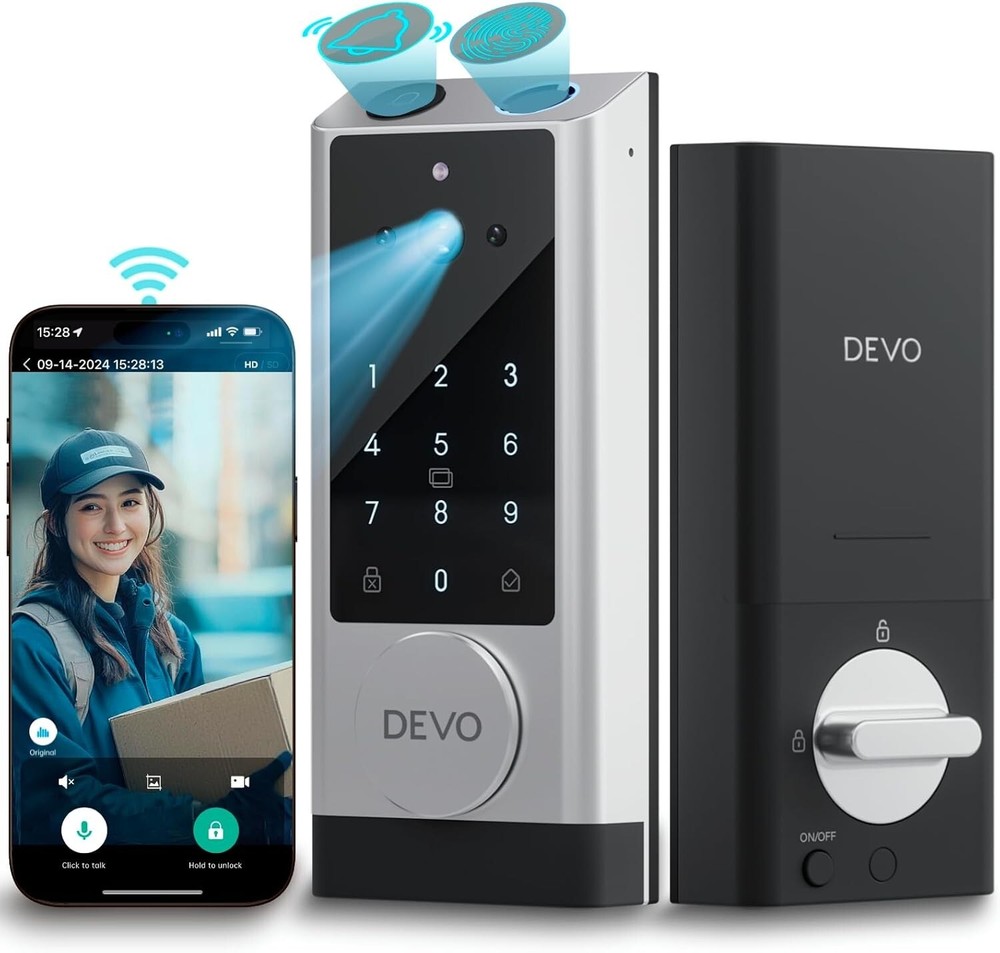 DEVO G1 Smart Lock with Camera & Doorbell, 6-in-1 Keyless Entry Door Silver