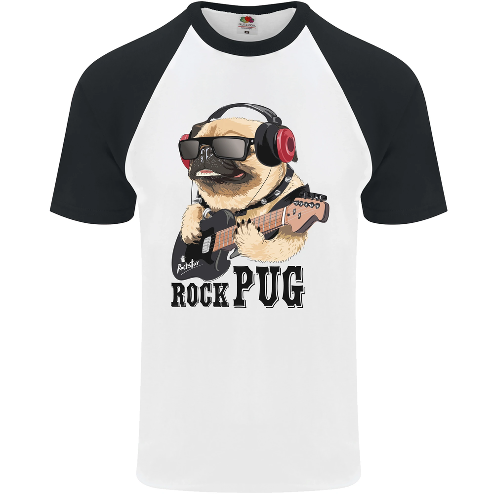 Rock n Roll Pug Funny Guitar Heavy Metal Mens S/S Baseball T-Shirt
