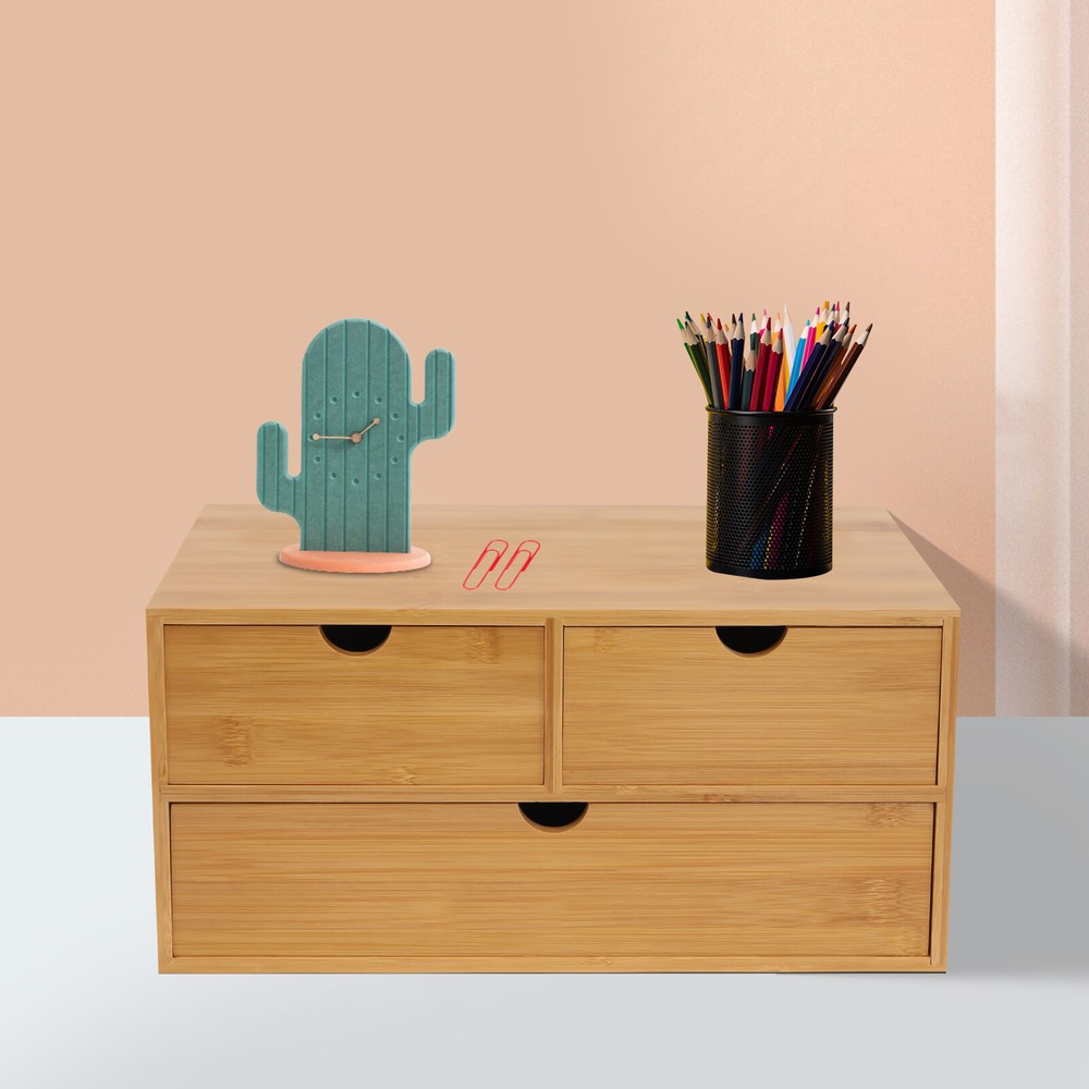 Bamboo Desk Organizer -Tabletop Mini Bamboo Desk Drawer Storage Box w/ 3 Drawers