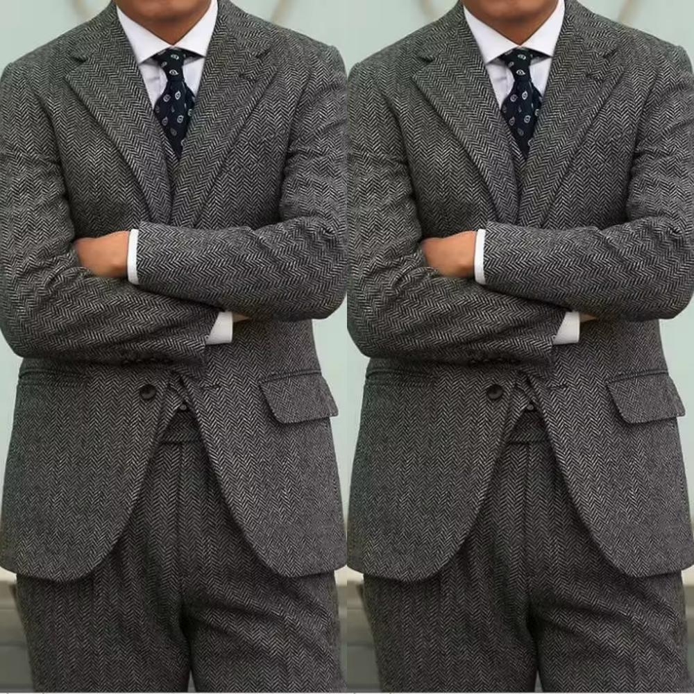 Vintage Herringbone Men's Suit Winter Tuxedo Jacket Tweed Woolen Outdoor 3Pcs