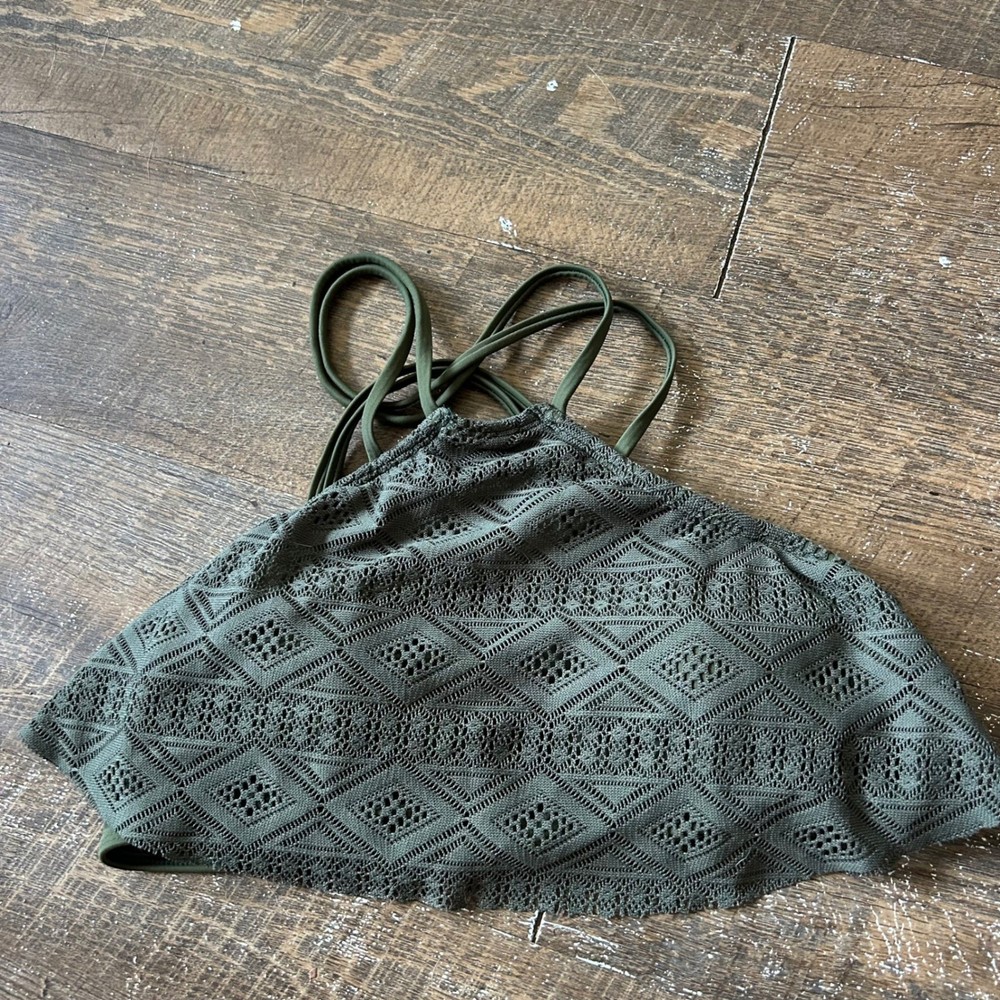 Hula Honey Olive Green Crochet High Neck Bikini Top Multi Strap Back Size L