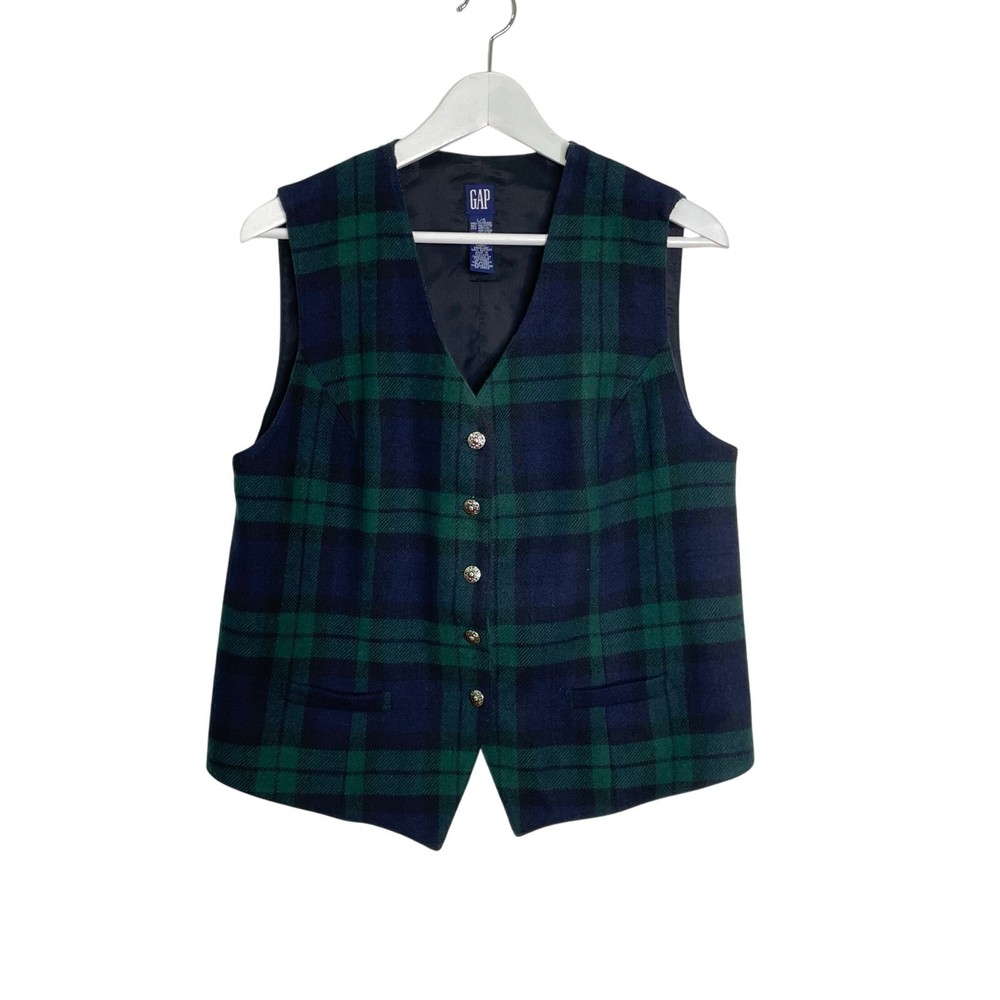 Vintage 90s GAP Women's Blue Green Scotch Plaid Wool Button Front Vest Size L