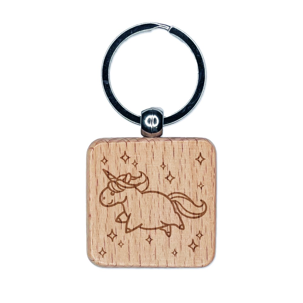 Chubby Star-Engraved Unicorn Wood Keychain Charm  