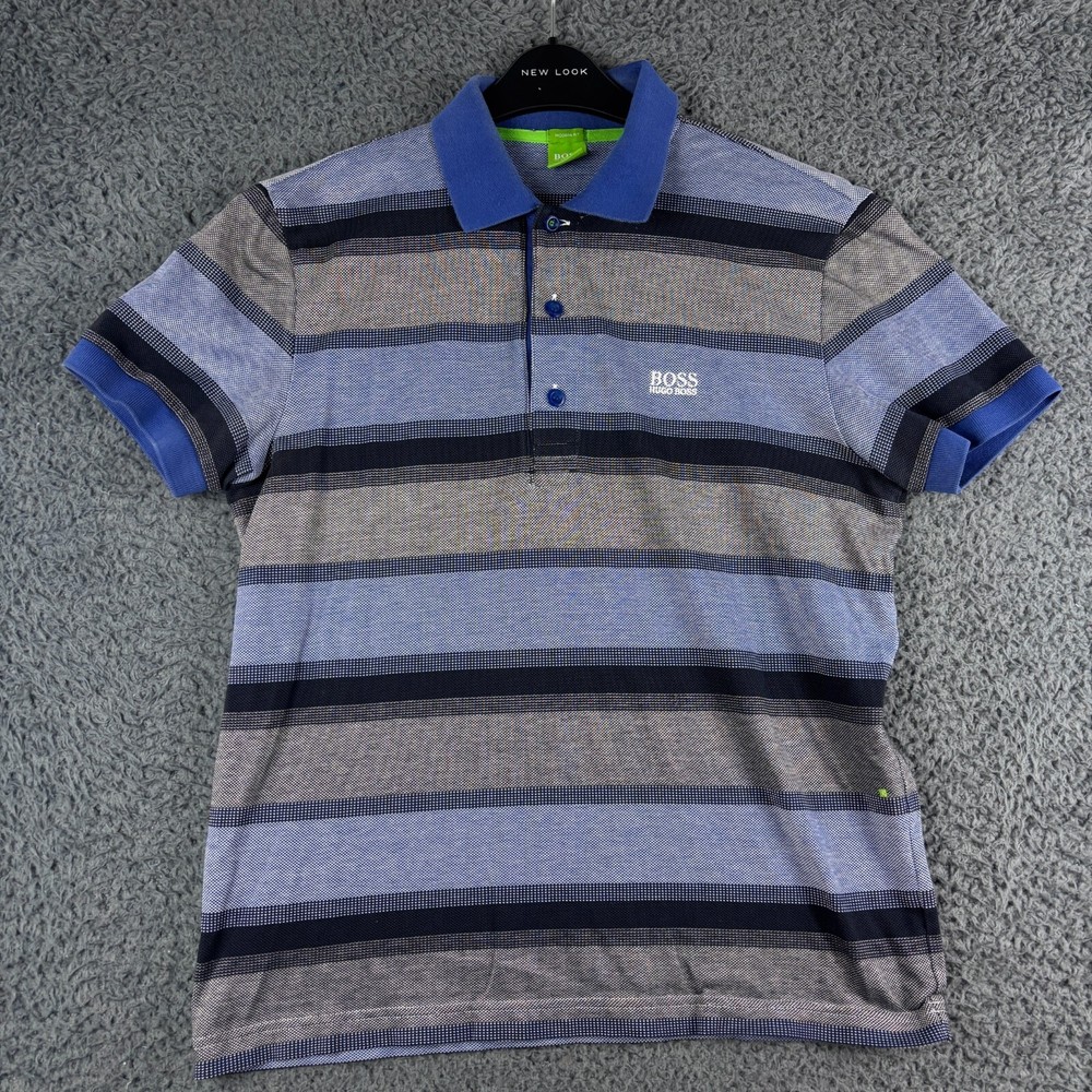 Hugo Boss Polo Shirt Men Small Blue Black Striped Golf Rugby Short Sleeve Preppy