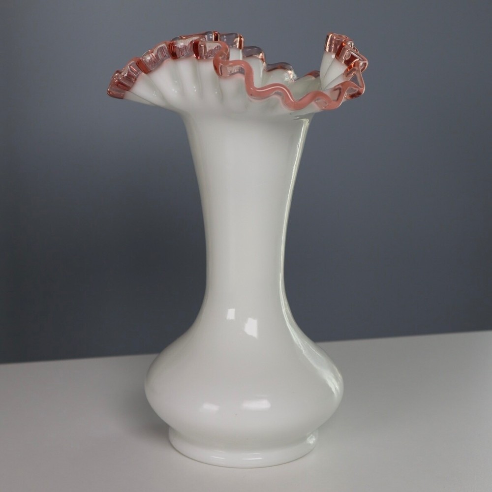 Vintage Fenton Silver Crest Ruffled Vase 8 Inch White Glass