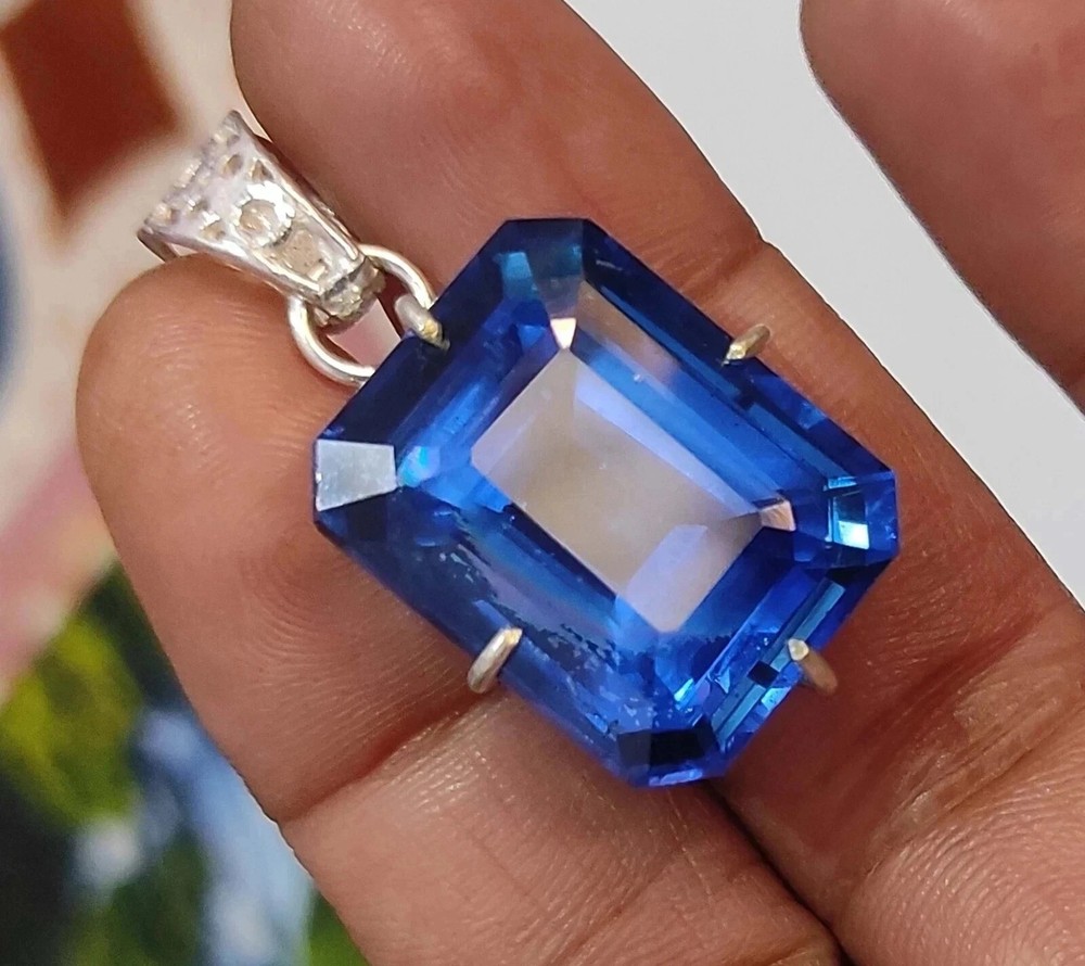 Certified 24Kt Natural Blue Sapphire Emerald 925 Sterling Silver Pendant Loose Gemstone