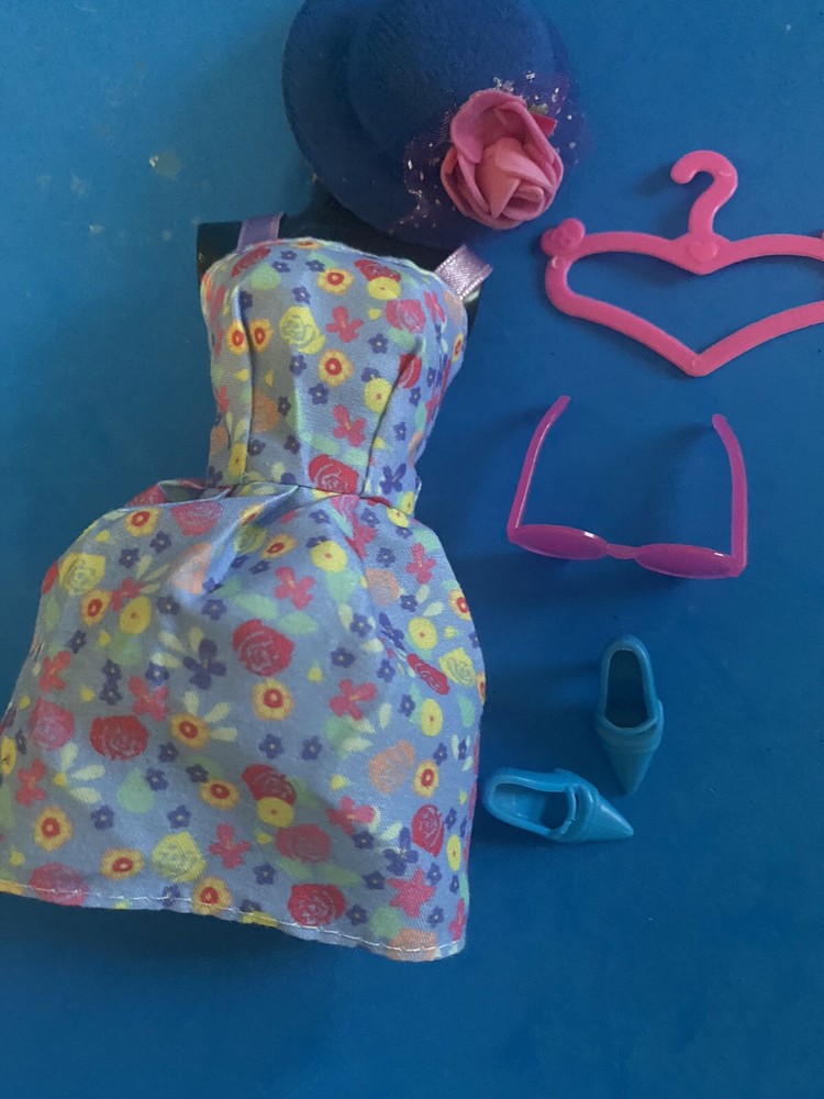 Adorable Barbie Blue Multicolored Sundress glasses hanger shoes, hat