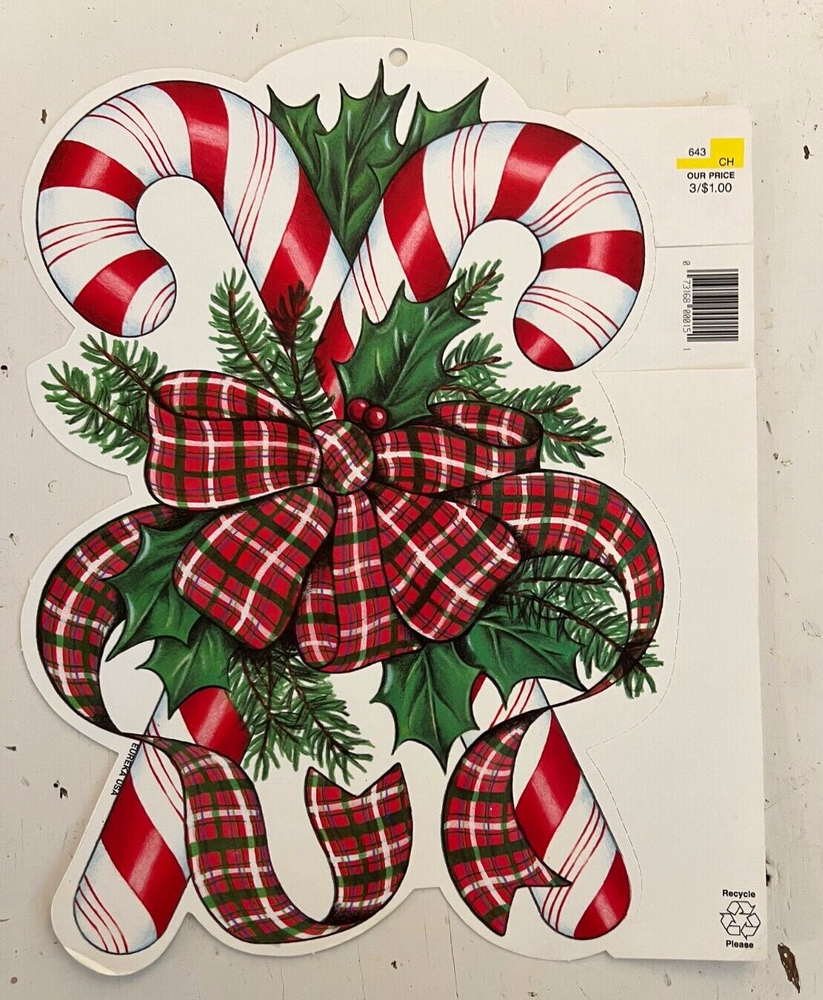 Vintage Die-Cut Eureka USA Christmas Candy Cane Decoration 12” Double Sided