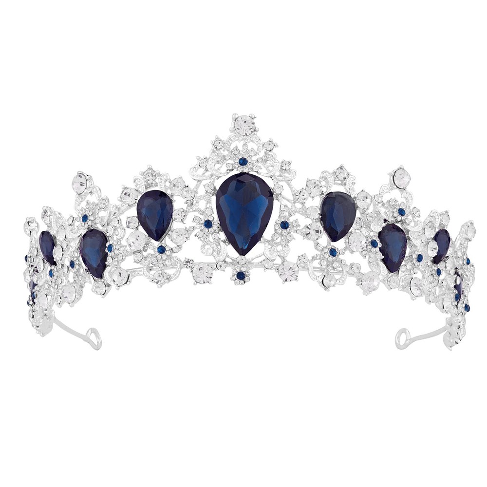 Crowns for Women, Silver Tiara w/Sapphire - Baroque Dark Blue Crystal Rhinest...