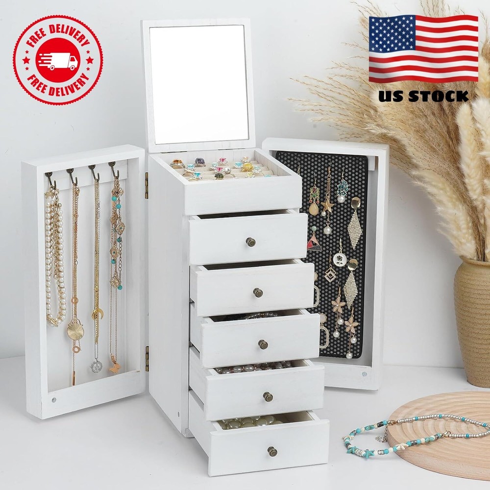 Elegant 6-Layer Wooden Jewelry Organizer Box with Mirror for Women