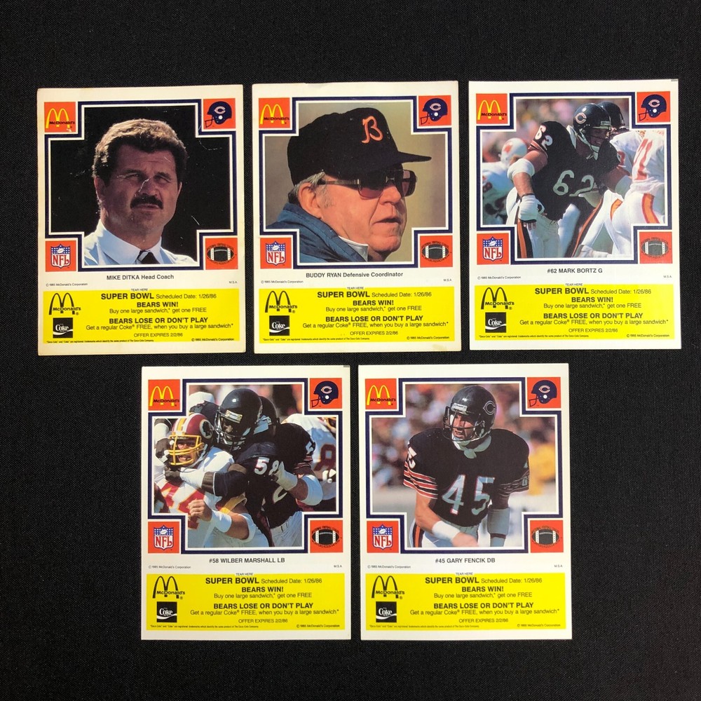 1985 Chicago Bears McDonalds Super Bowl Vintage Coupon Trading Cards Lot of 5-image