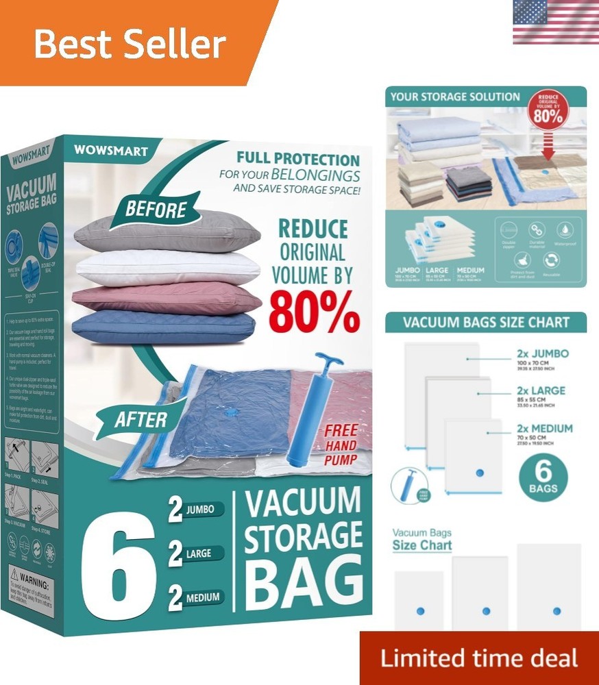 Maximize Space with 6 Vacuum Storage Bags - Perfect for Clothing & Bedding