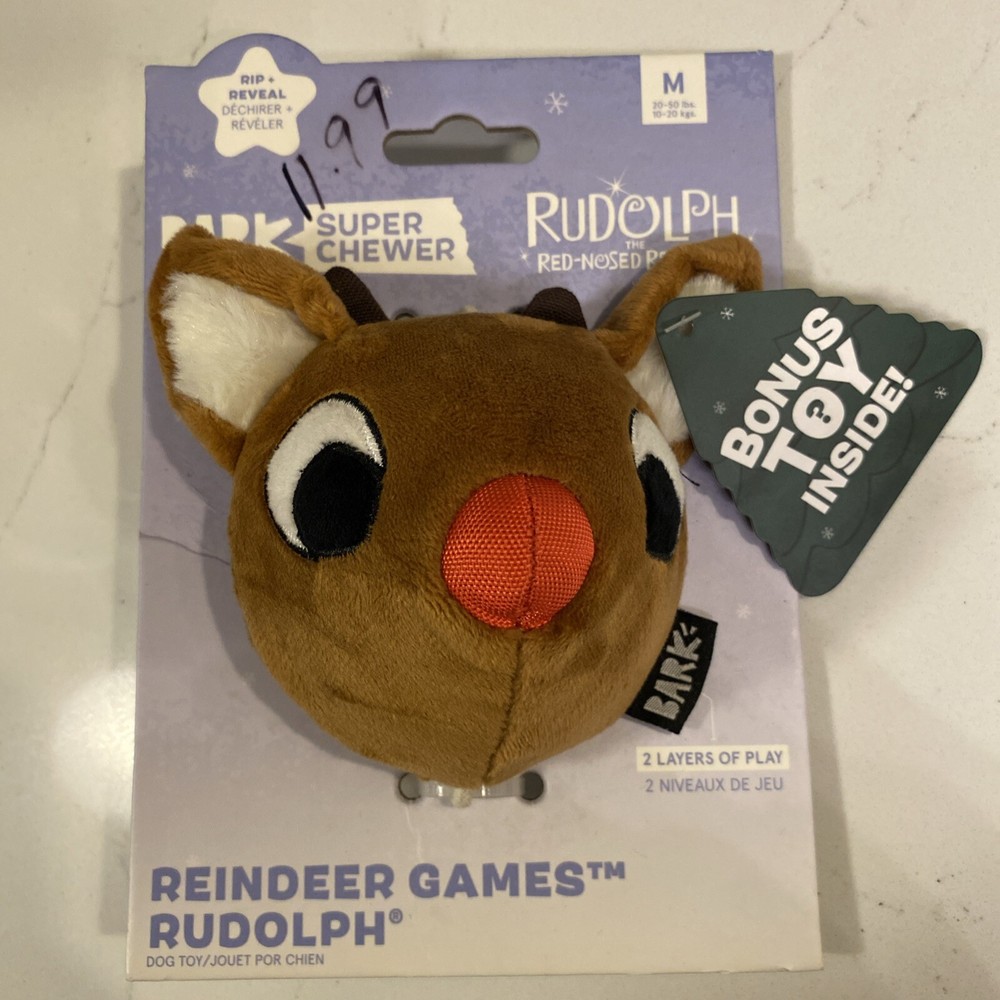 Bark Box Super Chewer Reindeer Games Rudolph Dog Toy Medium Ball Fetch Squeak