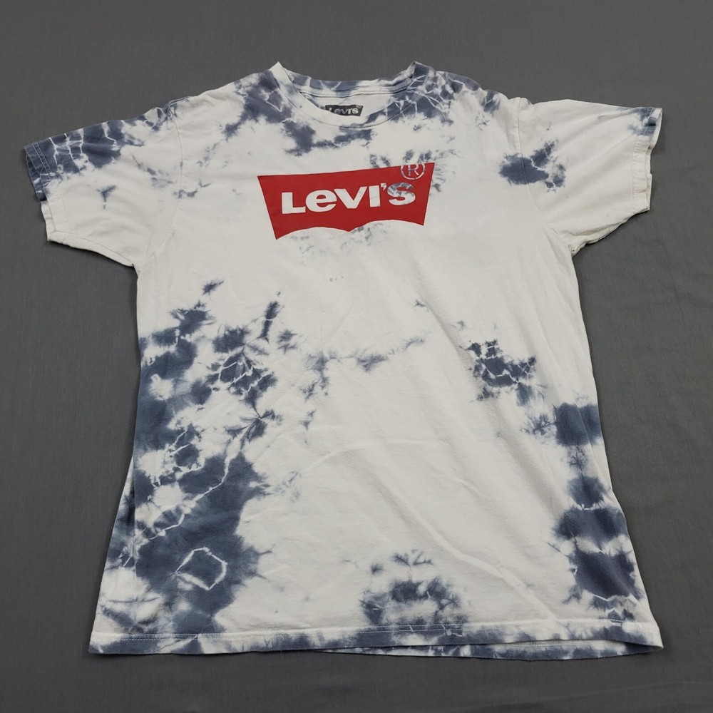 Levis Shirt Mens L Short Sleeve Spell Out Logo Knit Pullover Tie Dye White Blue