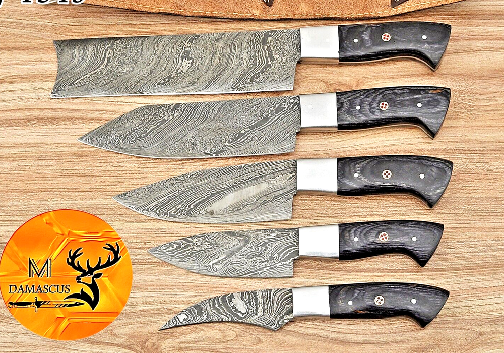 Custom Handmade Forged Damascus Steel Chef Knife Set with Leather Bag