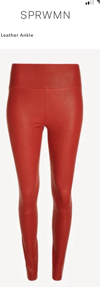 $925 SPRWMN-Red-Wide Elastic Waist-Stretch Leather Legging Pants-SOFT-Sz.L