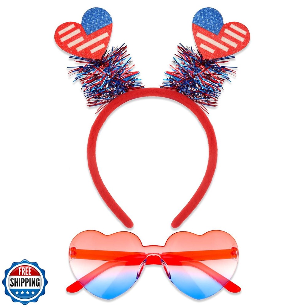 2 PCS Patriotic Heart Headband & Red Wristband for 4th of July Party