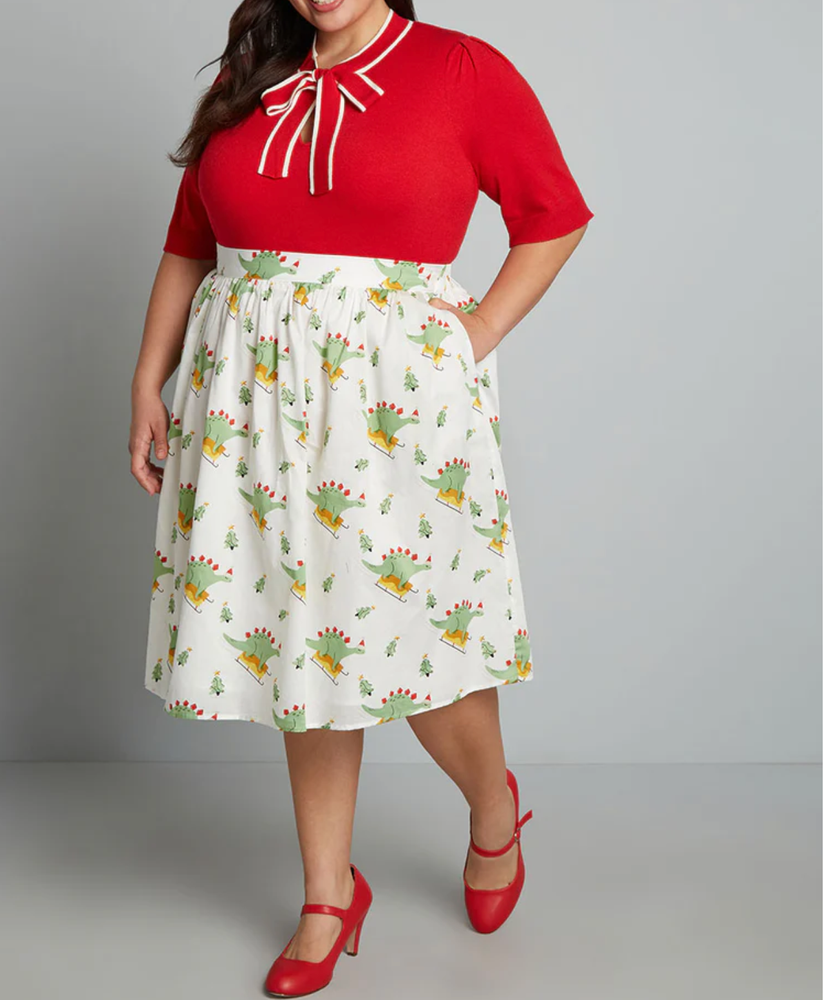 Mod Cloth More Than Charming Dinosaur Sledding Holiday Cotton Skirt Size 3X NWT