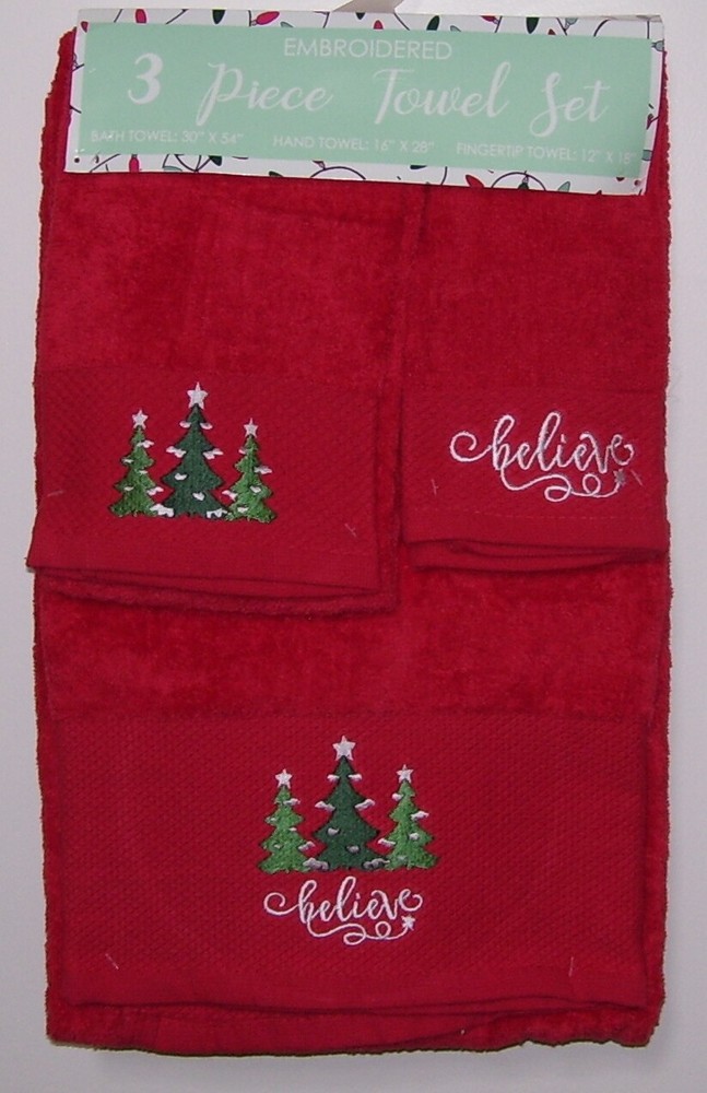 Embroidered Red Believe Christmas Tree 3-Piece Bath Hand and Fingertip Towel Set