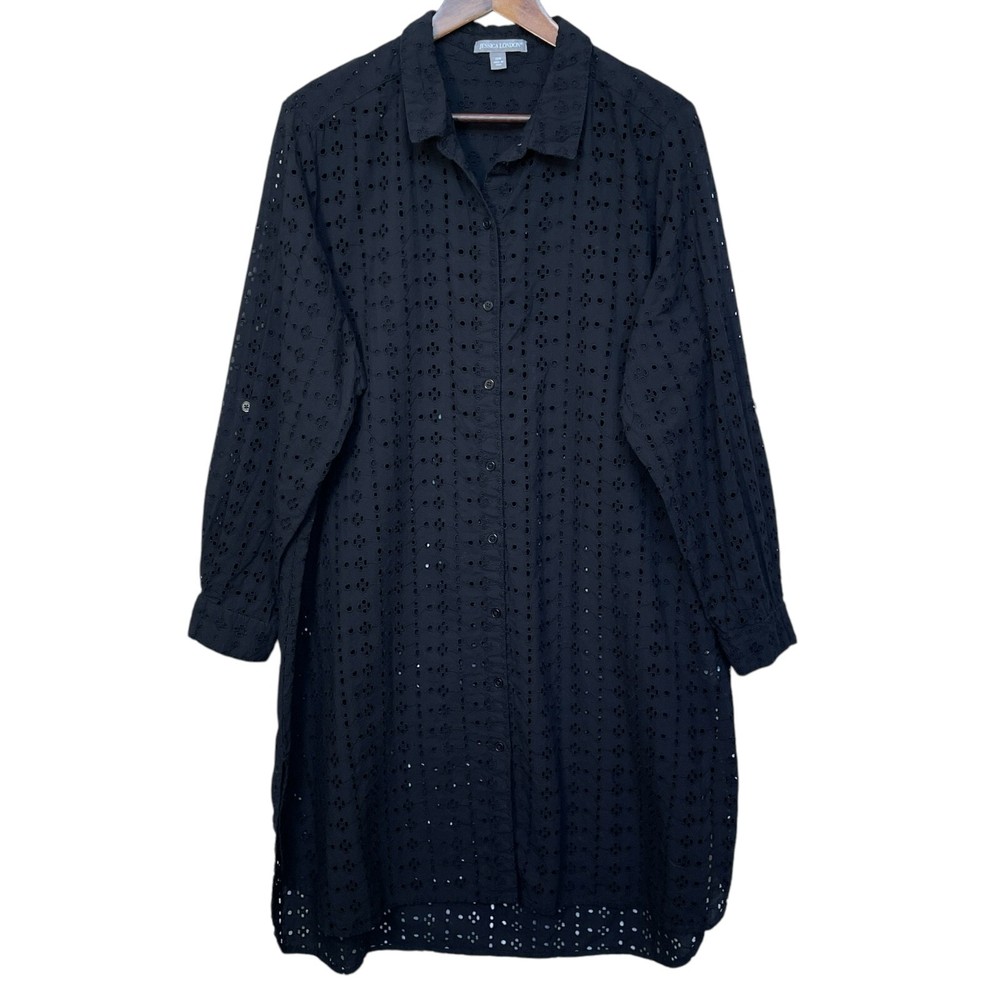 Jessica London Women Shirt Dress Size 20W Black Crochet Button-Up Cotton Sheer