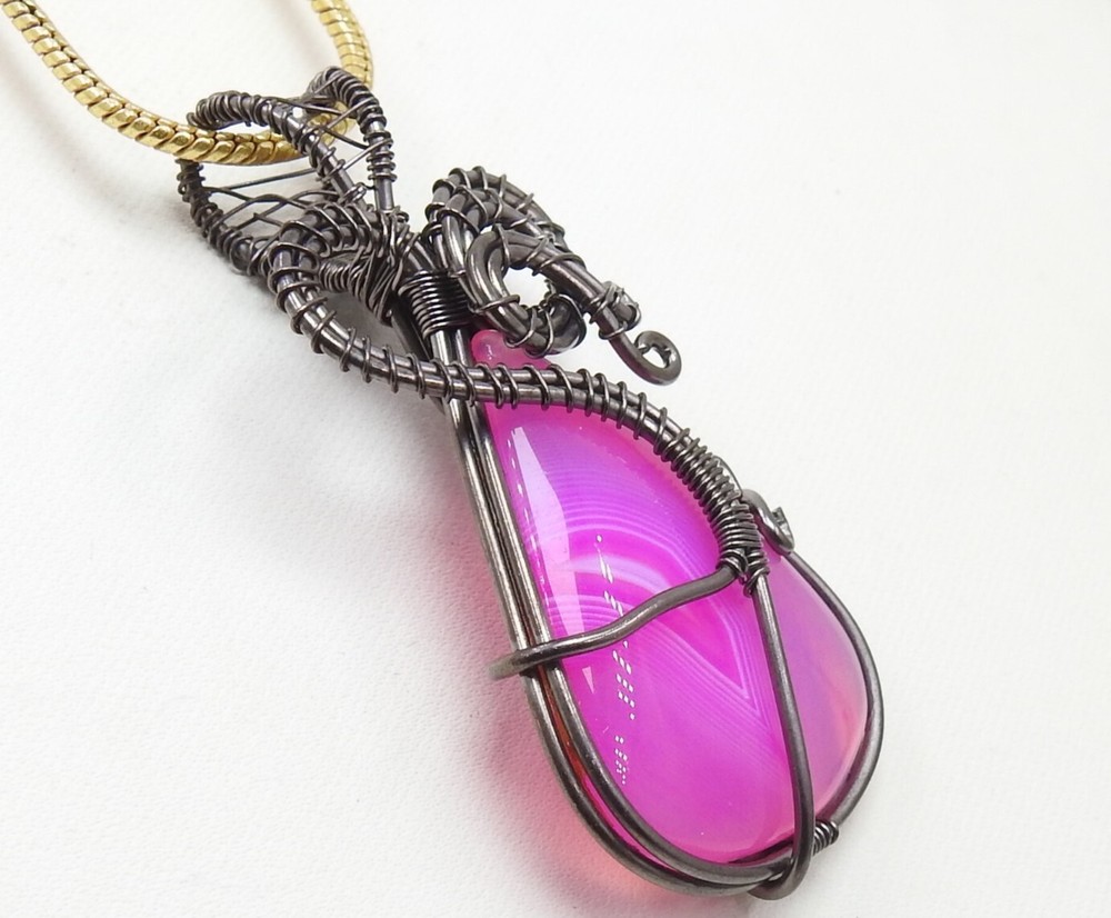 Pink Strip Agate Brass Pendant Silver Oxidised Polished Wire Wrapped Jewelry