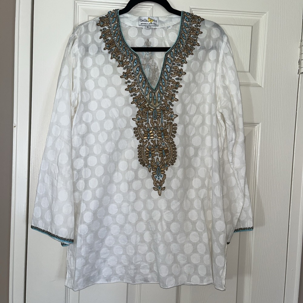 BELLA TU White Embroidery Tunic SZ Large (14) Boho Chic Preppy Vacation