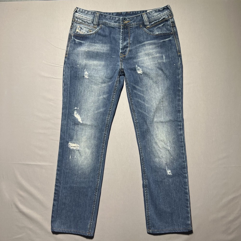 Diesel Krooley Jeans Mens 34x29 Blue Distressed Denim Straight Leg Skull Patch