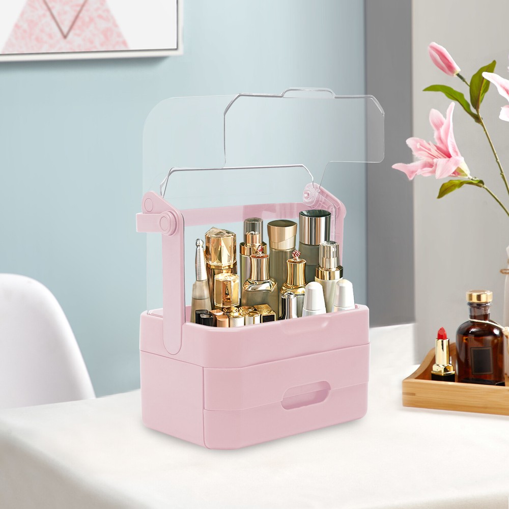 Makeup Organizer Storage Box Rectangular Skin Care Cosmetic Case W/Cover&Drawers