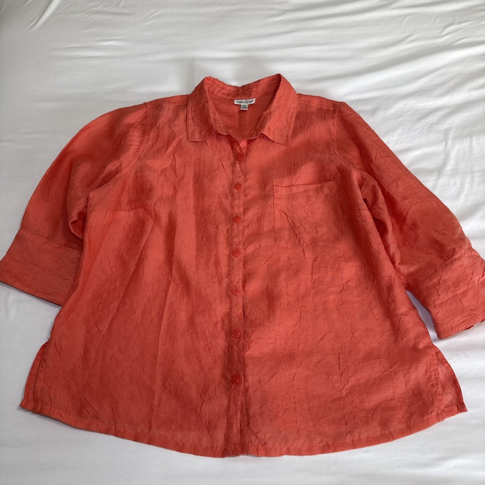 Coldwater Creek Top Womens 2X Coral Linen Blend Button Up 3/4 Sleeve Casual EUC