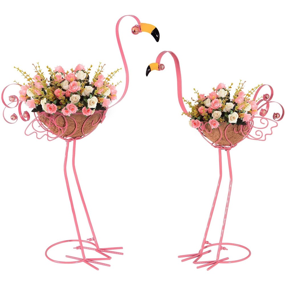 2-Pack Pink Metal Flamingo Plant Pots with Baskets for Indoor Outdoor Garden