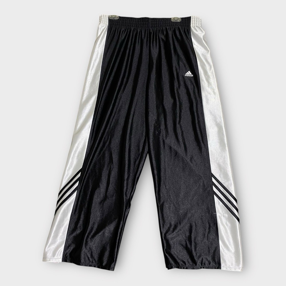 Vtg Y2K Adidas Dazzle Baggy Pants Large Black Shiny Silky Warm Up Snap Breakaway