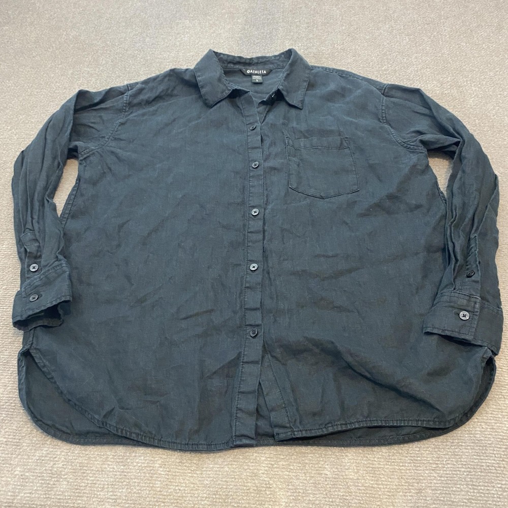 Athleta Shirt Womens Large Black Linen Button Up Long Sleeve Casual Lightweight