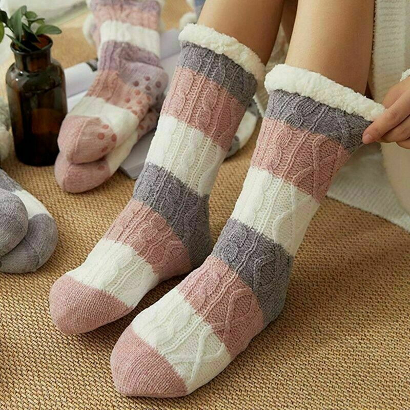 1 Pair Women Long Thicken Fleece Lined Socks Ladies Soft Warm Cozy Slipper Socks