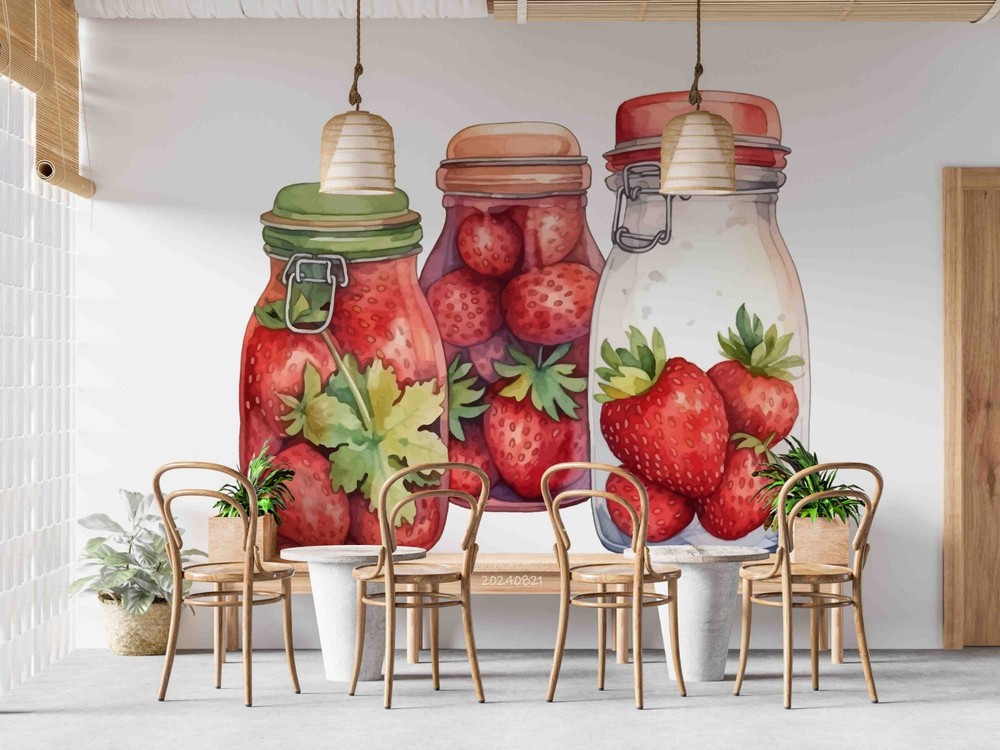 3D Strawberry Canned Goods Watercolor Wall Murals Wallpaper Murals Wall Sticker