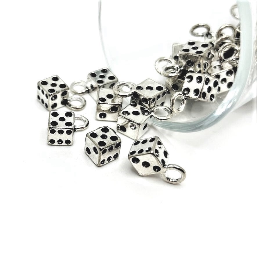 4, 20, or 50 BULK pcs Silver Dice Charm, 3D, Gambler, Vegas - US Seller- AS238