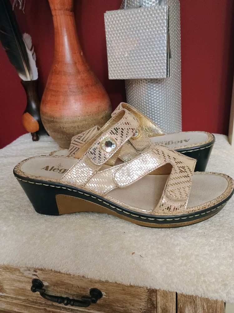 LOTI Gold Dazzler - Style 529Slide On Open Toe Wedge SandalWomen’s Size EUR
