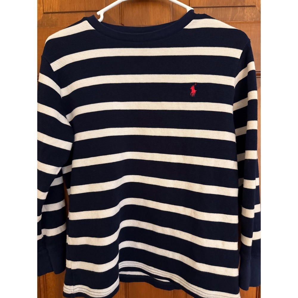 Polo Ralph Lauren Thermal Shirt Boys L 14-16 Navy Striped Long Sleeve Pullover