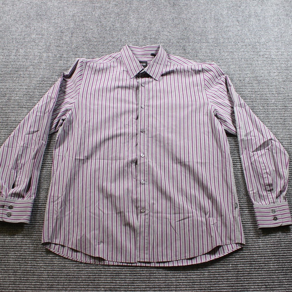 Hugo Boss Shirt Men's XL Gray Purple Stripe Button Down Regular Fit