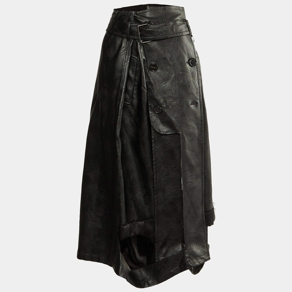 Maison Martin Margiela Black Faux Leather Chiffon Midi Skirt M