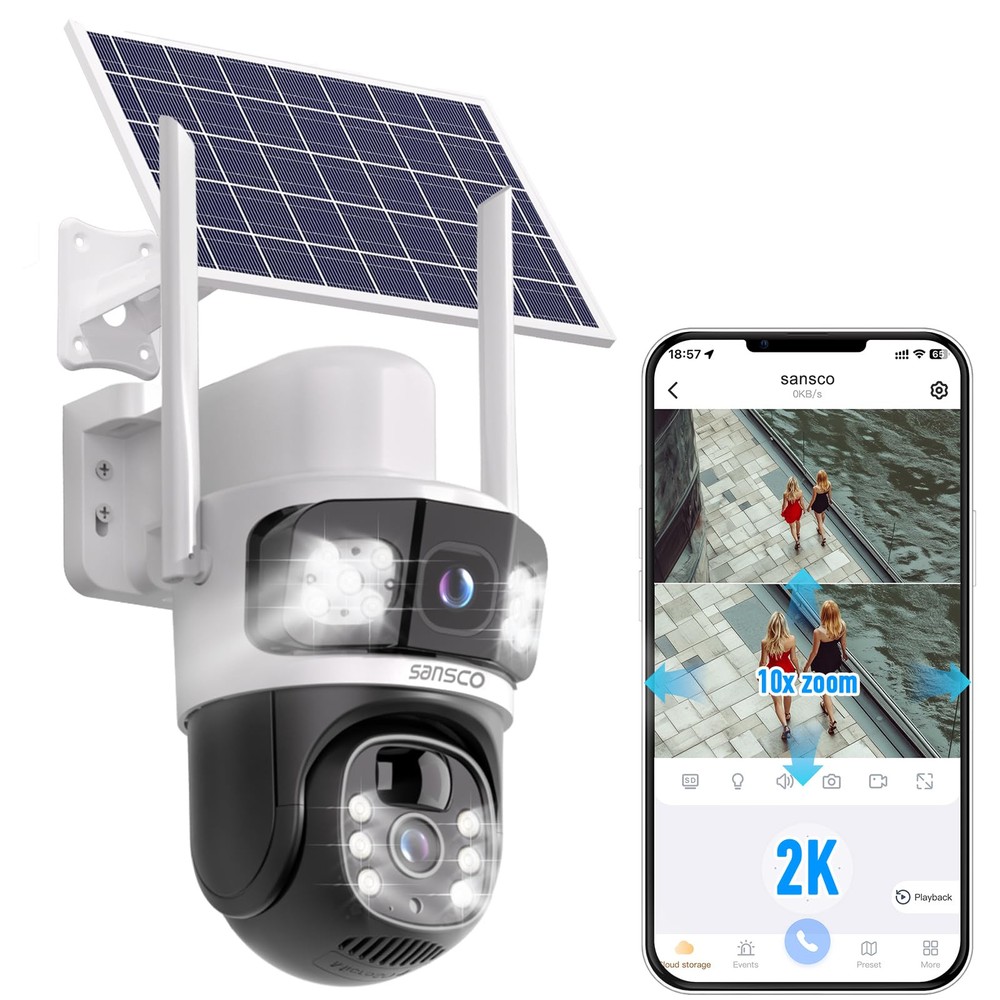 4MP Solar-Powered Dual Lens WiFi Outdoor Security Camera, Battery Operated