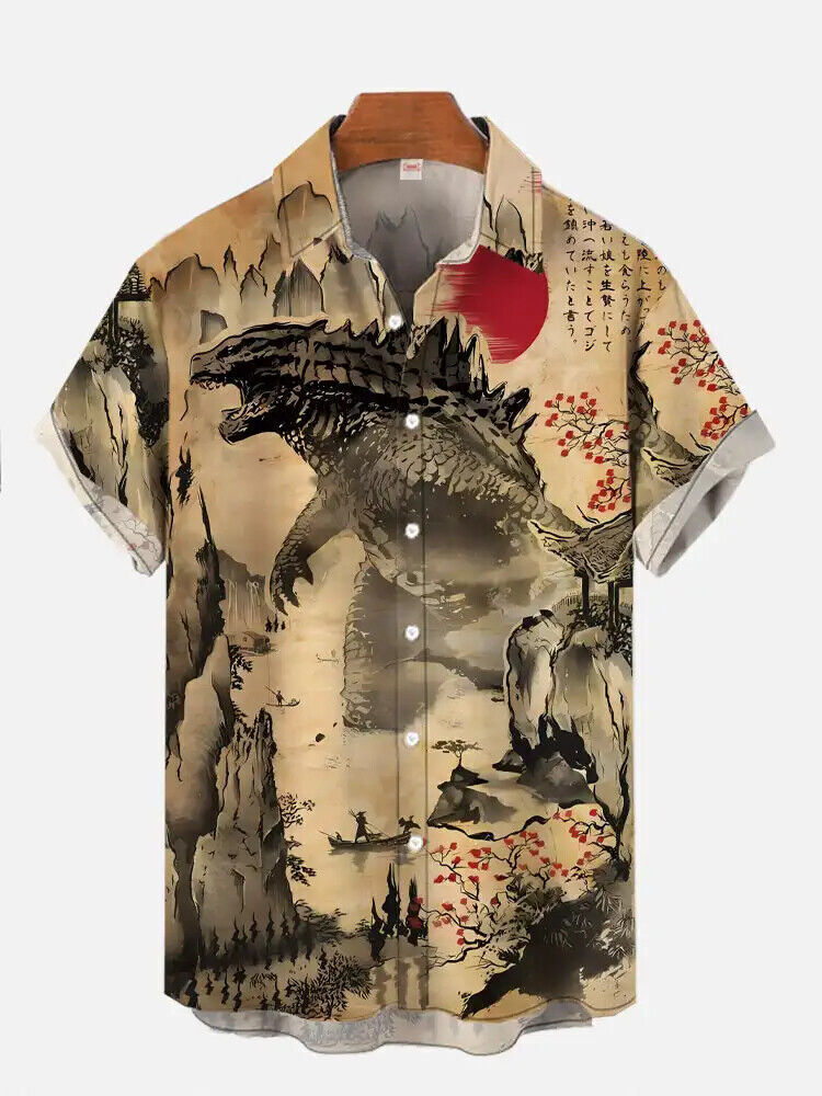 Japanese Godzilla Art 3D Print Hawaiian Button-Up Lapel Shirt Tops
