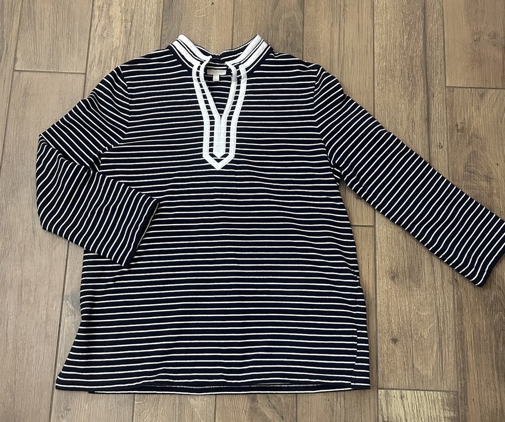 Talbots Navy White Nautical  Striped Top L 3/4 Sleeve Split Neck Cotton Spandex
