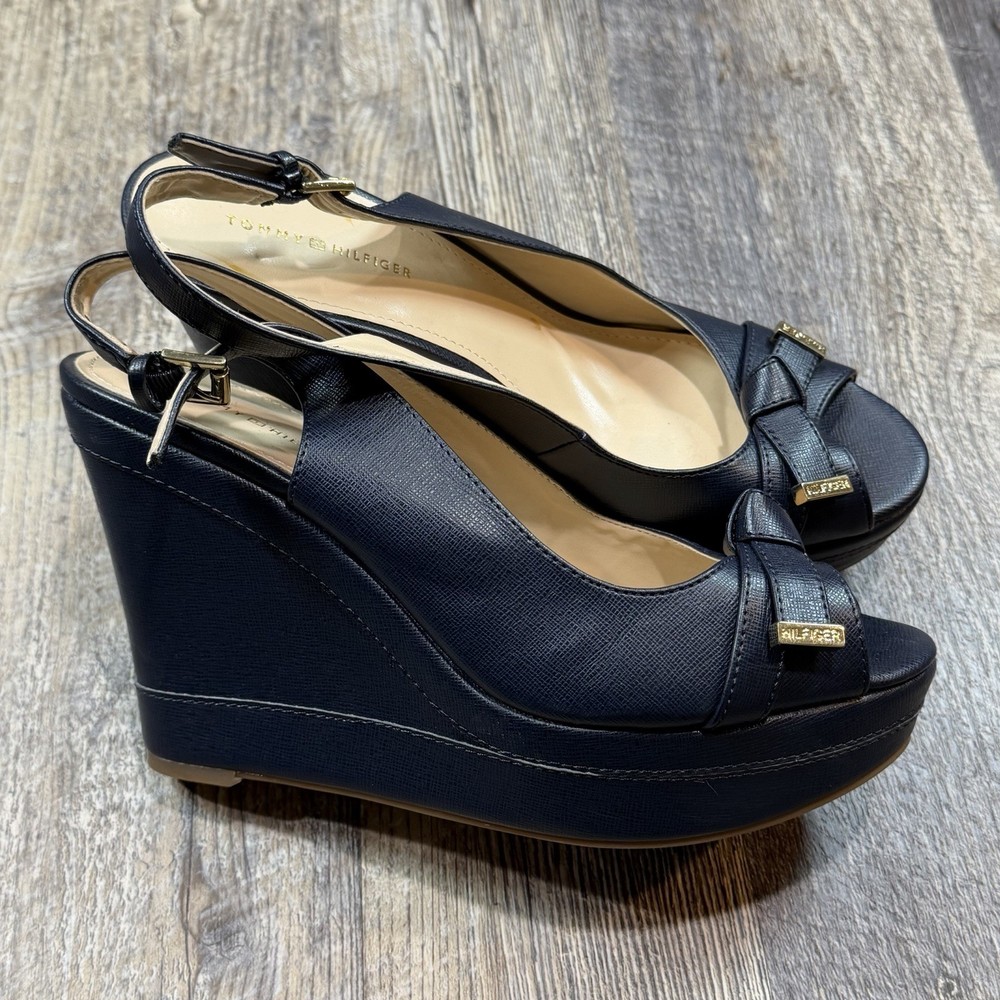 Tommy Hilfiger Twkarra Wedge Sandals Navy Blue Peep Toe Slingback Womens 8M