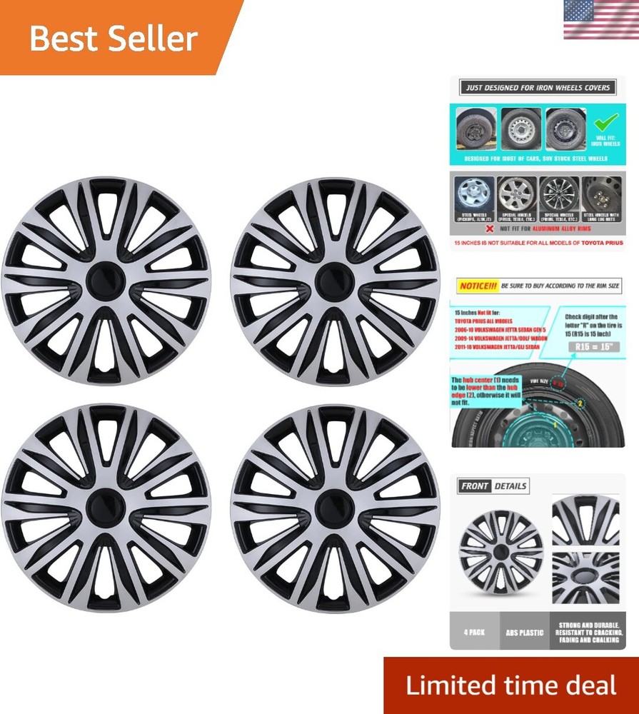 15 Inch Silver Black ABS Snap-On Hubcaps Set of 4 Wheel Covers