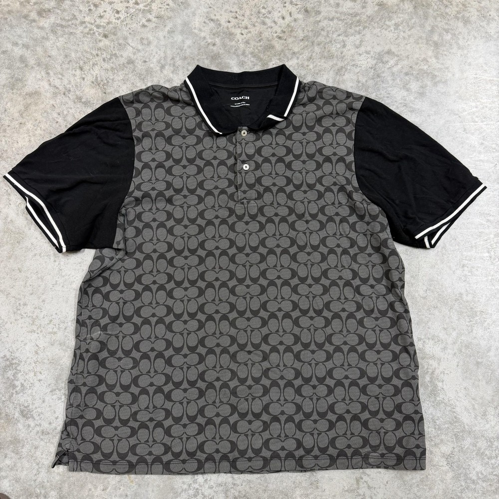 Coach Polo Shirt Mens 2XL Gray Black Signature C Print Casual Short Sleeve